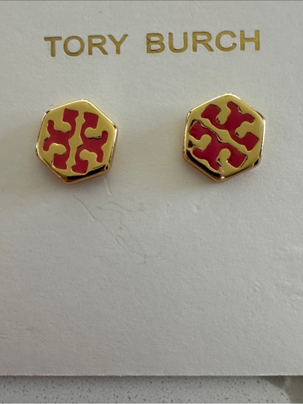 Gold Hexagon Stud Earrings with Pink Enamel Logo